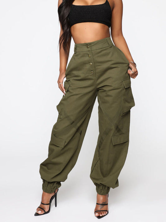 Trousers- Cargo Pants: Hip Hop, Wide Leg, Elastic Back Waistband- Olive green- Pekosa Women Clothing