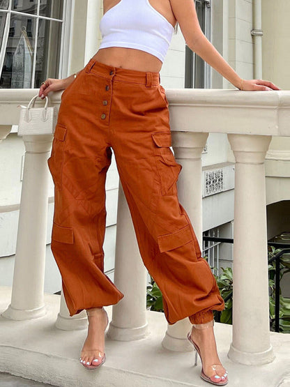 Trousers- Cargo Pants: Hip Hop, Wide Leg, Elastic Back Waistband- Orange- Pekosa Women Clothing