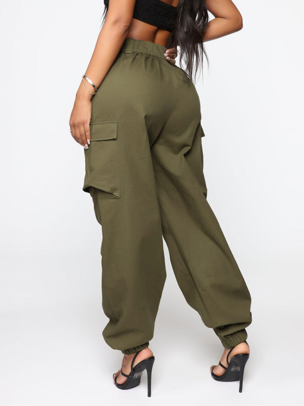 Trousers- Cargo Pants: Hip Hop, Wide Leg, Elastic Back Waistband- - Pekosa Women Clothing