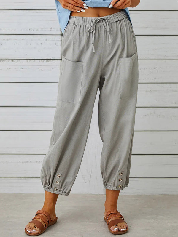 Trousers- Cotton Linen Adjustable Waist Pants- Misty grey- Pekosa Women Clothing