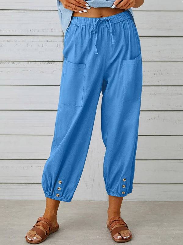 Trousers- Cotton Linen Adjustable Waist Pants- Clear blue- Pekosa Women Clothing