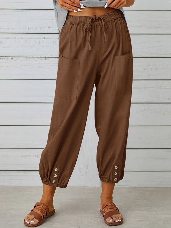 Trousers- Cotton Linen Adjustable Waist Pants- Brown- Pekosa Women Clothing