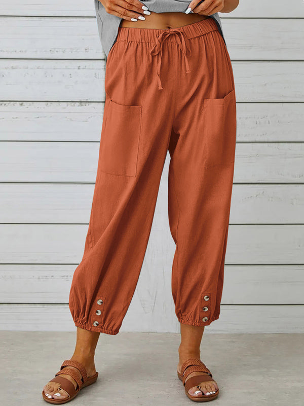 Trousers- Cotton Linen Adjustable Waist Pants- Brick red- Pekosa Women Clothing