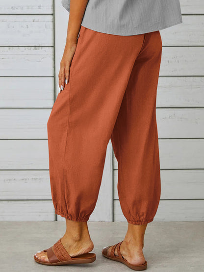 Trousers- Cotton Linen Adjustable Waist Pants- - Pekosa Women Clothing