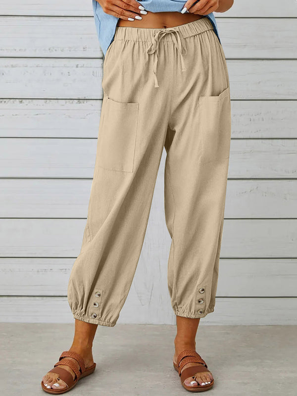 Trousers- Cotton Linen Adjustable Waist Pants- Khaki- Pekosa Women Clothing