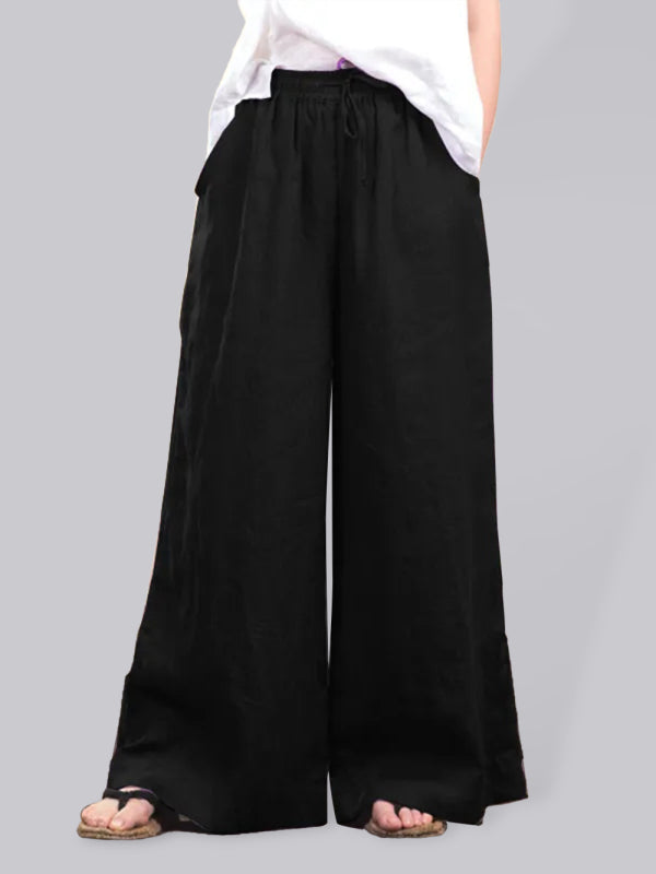 Trousers- Elastic Waistband Wide Leg Pants - Mid Rise Trousers- Black- Pekosa Women Clothing