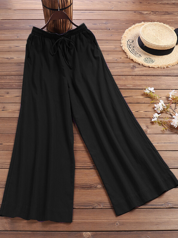 Trousers- Elastic Waistband Wide Leg Pants - Mid Rise Trousers- - Pekosa Women Clothing