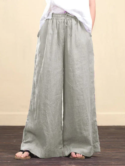 Trousers- Elastic Waistband Wide Leg Pants - Mid Rise Trousers- - Pekosa Women Clothing