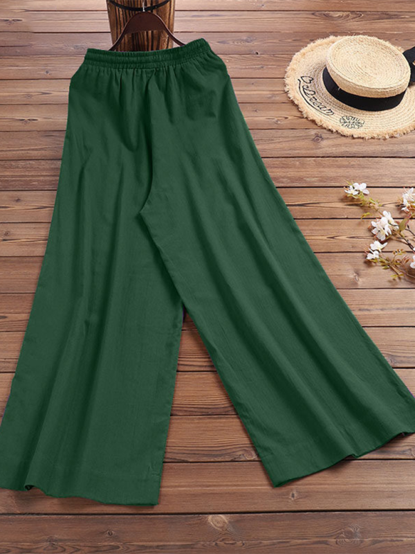 Trousers- Elastic Waistband Wide Leg Pants - Mid Rise Trousers- - Pekosa Women Clothing