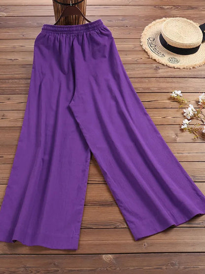 Trousers- Elastic Waistband Wide Leg Pants - Mid Rise Trousers- - Pekosa Women Clothing