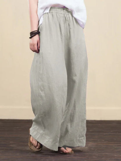 Trousers- Elastic Waistband Wide Leg Pants - Mid Rise Trousers- - Pekosa Women Clothing