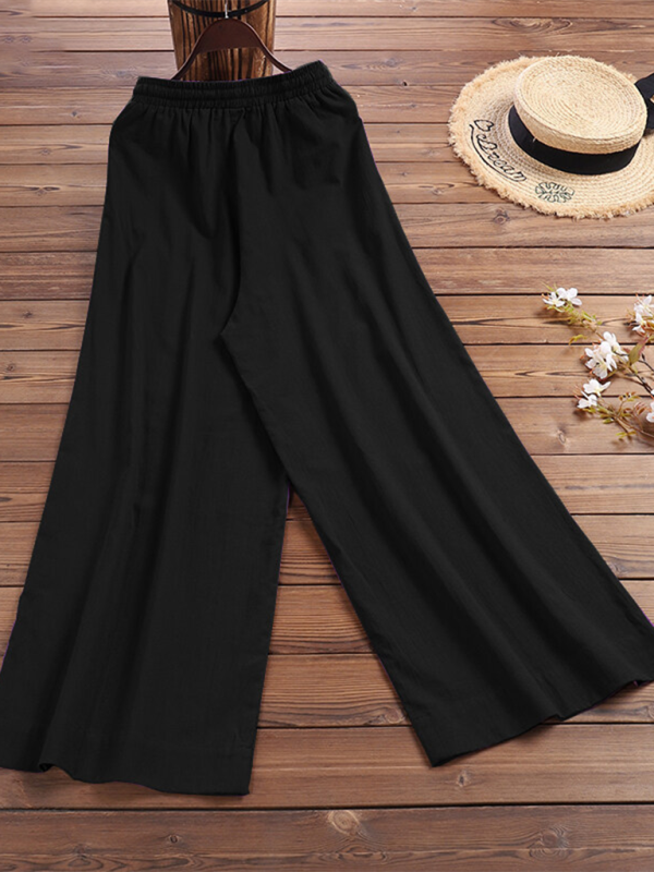 Trousers- Elastic Waistband Wide Leg Pants - Mid Rise Trousers- - Pekosa Women Clothing