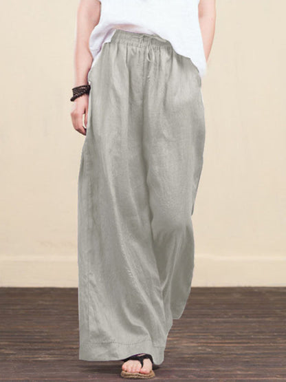 Trousers- Elastic Waistband Wide Leg Pants - Mid Rise Trousers- Grey- Pekosa Women Clothing