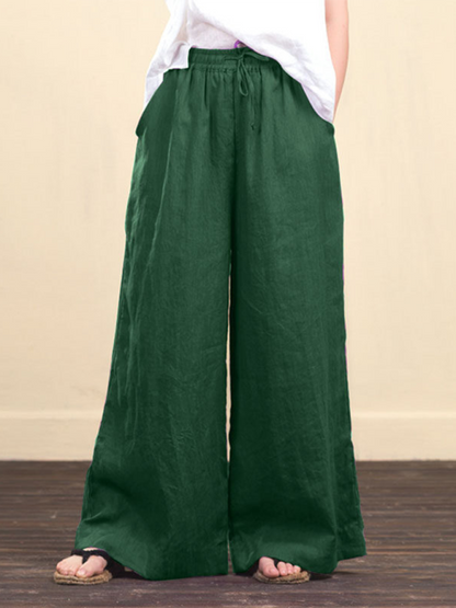 Trousers- Elastic Waistband Wide Leg Pants - Mid Rise Trousers- - Pekosa Women Clothing