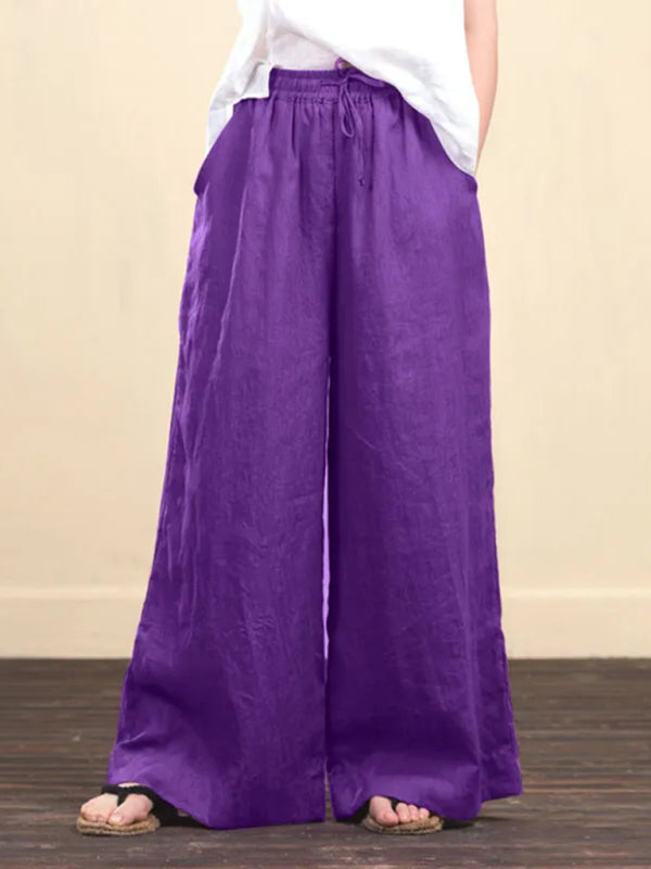 Trousers- Elastic Waistband Wide Leg Pants - Mid Rise Trousers- Purple- Pekosa Women Clothing