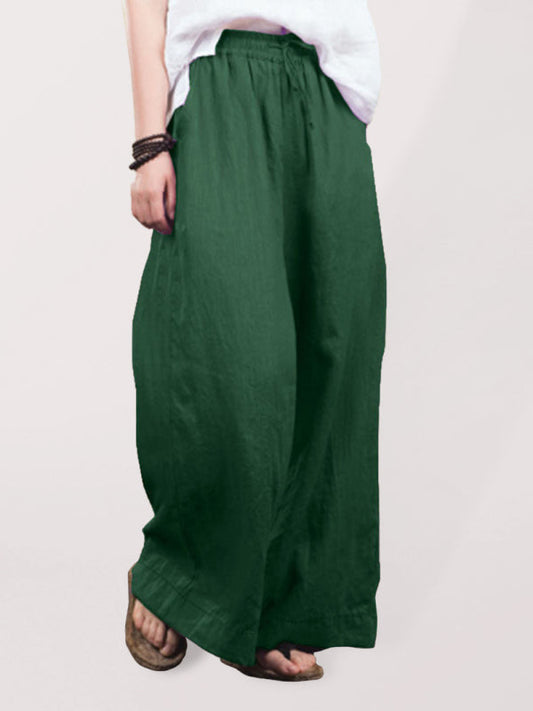 Trousers- Elastic Waistband Wide Leg Pants - Mid Rise Trousers- Green- Pekosa Women Clothing