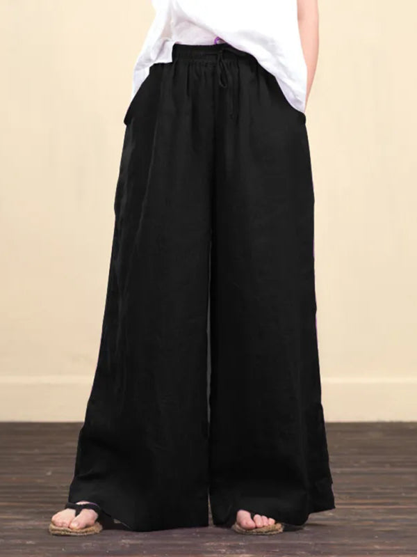 Trousers- Elastic Waistband Wide Leg Pants - Mid Rise Trousers- - Pekosa Women Clothing