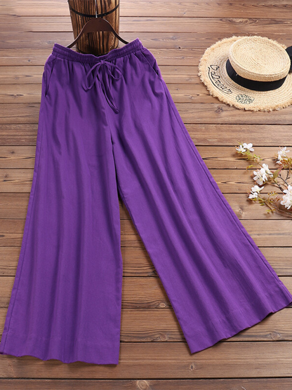 Trousers- Elastic Waistband Wide Leg Pants - Mid Rise Trousers- - Pekosa Women Clothing