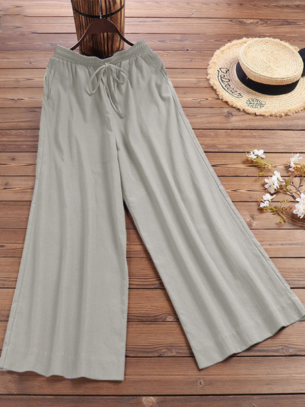 Trousers- Elastic Waistband Wide Leg Pants - Mid Rise Trousers- - Pekosa Women Clothing