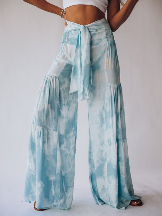 Trousers- Floral Fantasy: High-Waisted Wide Leg Palazzo Trousers - Pants- Sky blue azure- Pekosa Women Clothing