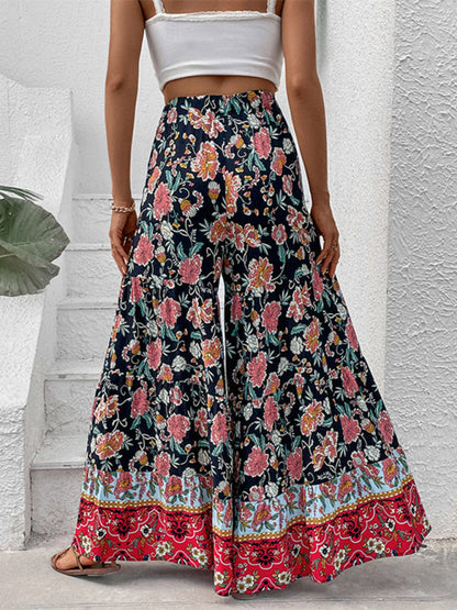 Trousers- Floral High Rise Wide Leg Trousers - Dramatic Flare Pants- - Pekosa Women Clothing