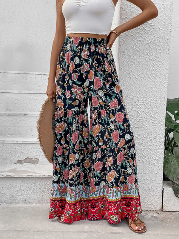 Trousers- Floral High Rise Wide Leg Trousers - Dramatic Flare Pants- - Pekosa Women Clothing