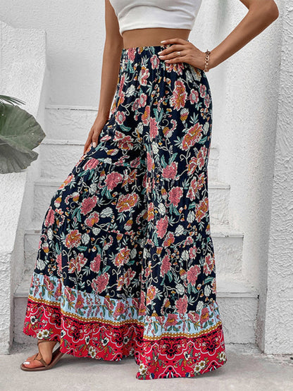 Trousers- Floral High Rise Wide Leg Trousers - Dramatic Flare Pants- - Pekosa Women Clothing