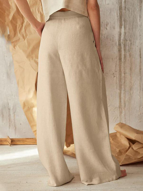 Trousers- High Rise Pants - Wide Leg, Side Pockets Cotton-Linen Trousers- - Pekosa Women Clothing