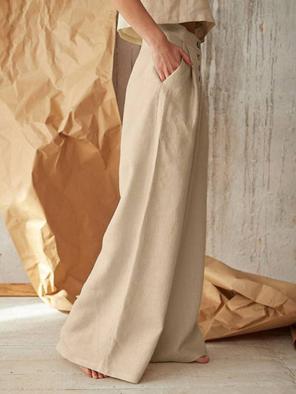 Trousers- High Rise Pants - Wide Leg, Side Pockets Cotton-Linen Trousers- - Pekosa Women Clothing