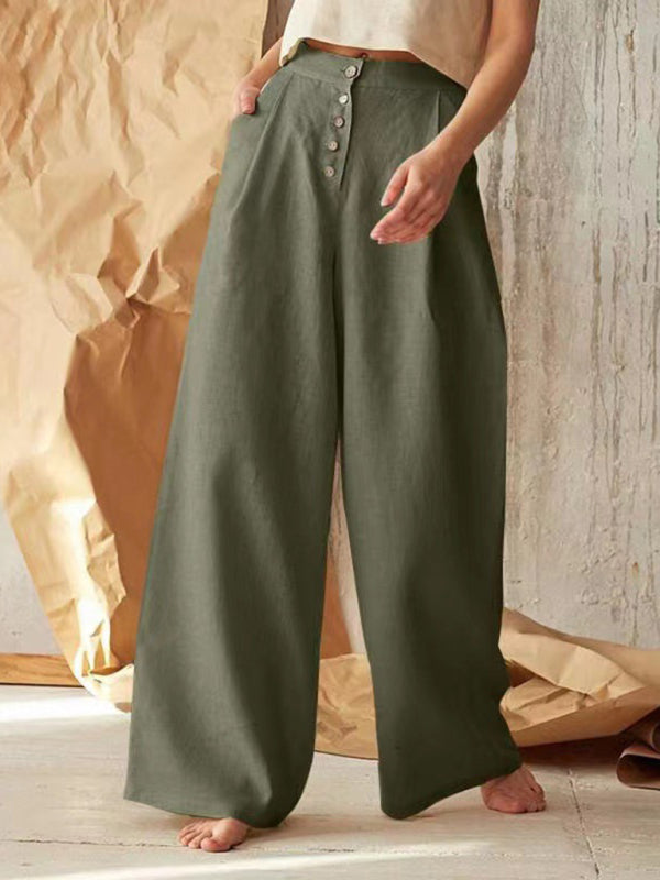 Trousers- High Rise Pants - Wide Leg, Side Pockets Cotton-Linen Trousers- Green- Pekosa Women Clothing