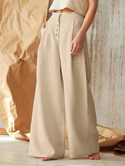 Trousers- High Rise Pants - Wide Leg, Side Pockets Cotton-Linen Trousers- Khaki- Pekosa Women Clothing