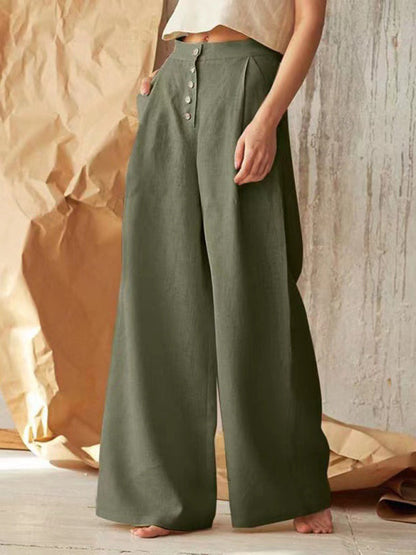 Trousers- High Rise Pants - Wide Leg, Side Pockets Cotton-Linen Trousers- - Pekosa Women Clothing