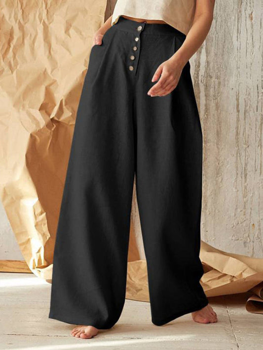 Trousers- High Rise Pants - Wide Leg, Side Pockets Cotton-Linen Trousers- Black- Pekosa Women Clothing