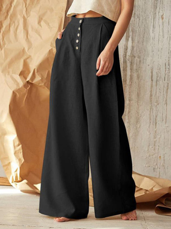 Trousers- High Rise Pants - Wide Leg, Side Pockets Cotton-Linen Trousers- - Pekosa Women Clothing