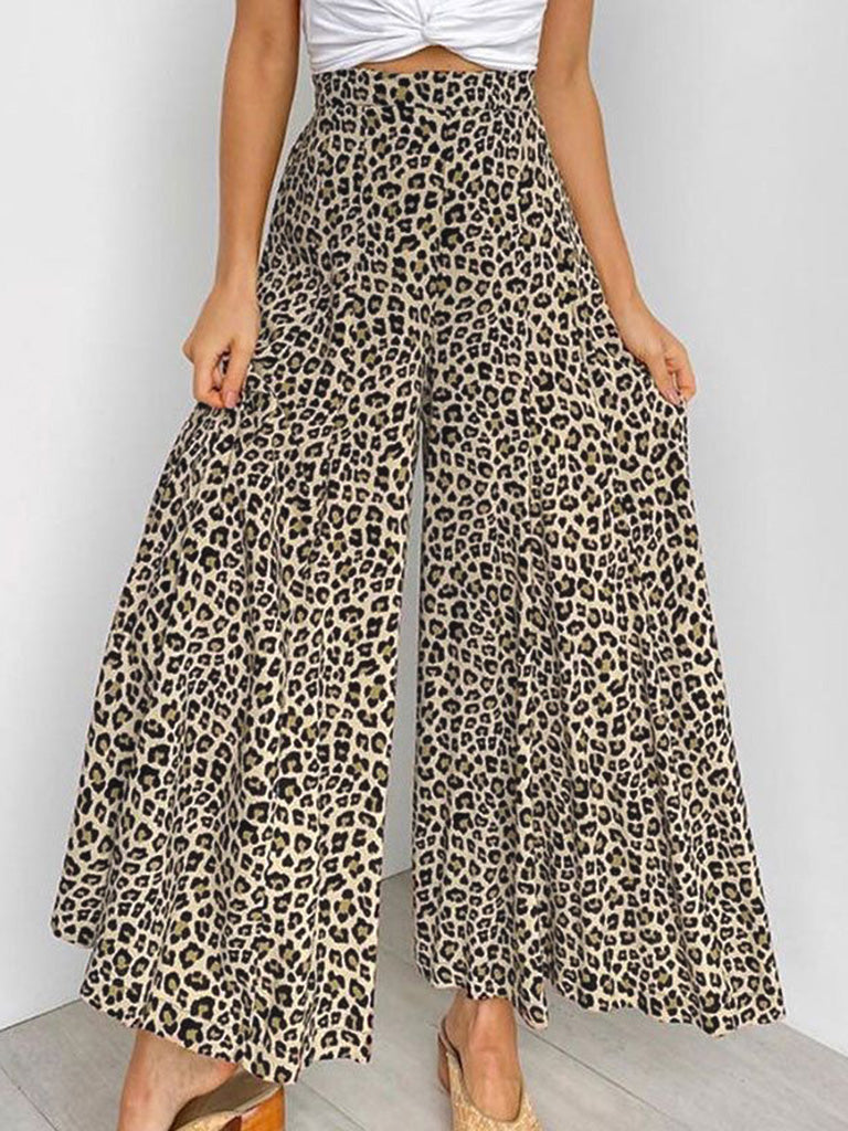 Trousers- High-Waisted Wide-Leg Pants - Leopard Palazzo Trousers!- Leopard- Pekosa Women Clothing