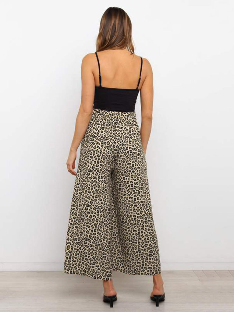 Trousers- High-Waisted Wide-Leg Pants - Leopard Palazzo Trousers!- - Pekosa Women Clothing