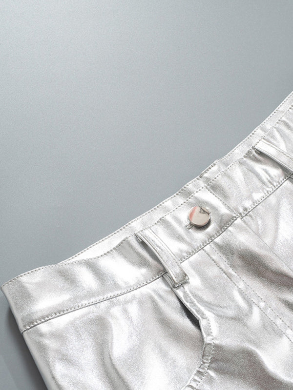 Trousers- Metallic Silver High Rise Trousers - Women's Sparkly Pants- - Pekosa Women Clothing