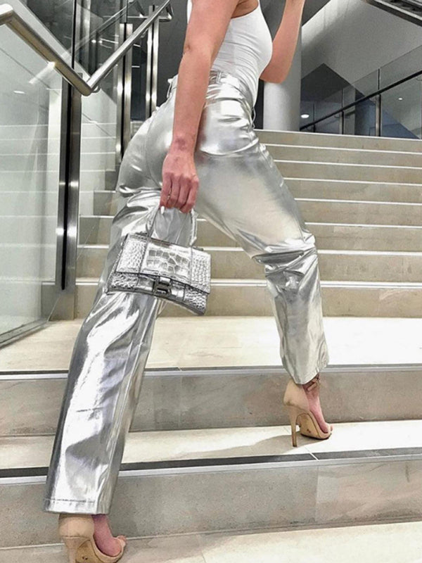 Trousers- Metallic Silver High Rise Trousers - Women's Sparkly Pants- - Pekosa Women Clothing