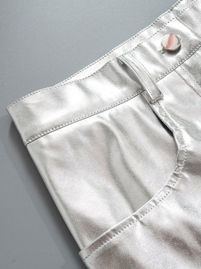 Trousers- Metallic Silver High Rise Trousers - Women's Sparkly Pants- - Pekosa Women Clothing