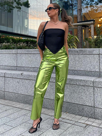 Trousers- Metallic Silver High Rise Trousers - Women's Sparkly Pants- Green- Pekosa Women Clothing