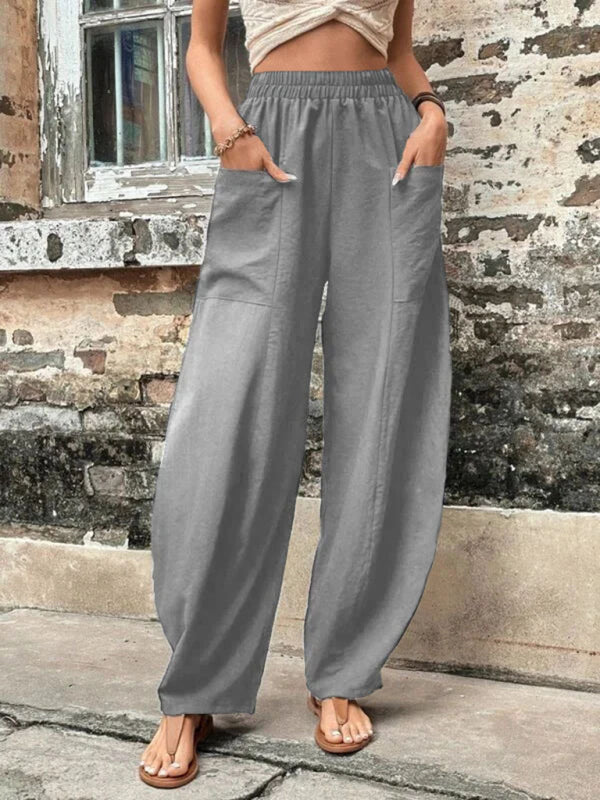 Trousers- Patch Pocket Pants: Elastic High Waistband, Wide Leg Trousers- Grey- Pekosa Women Clothing