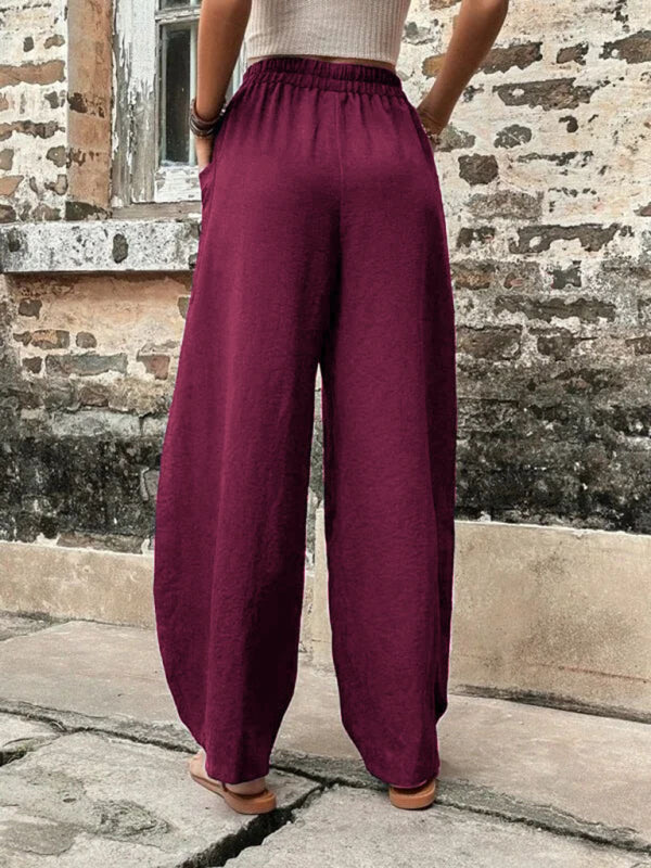 Trousers- Patch Pocket Pants: Elastic High Waistband, Wide Leg Trousers- - Pekosa Women Clothing