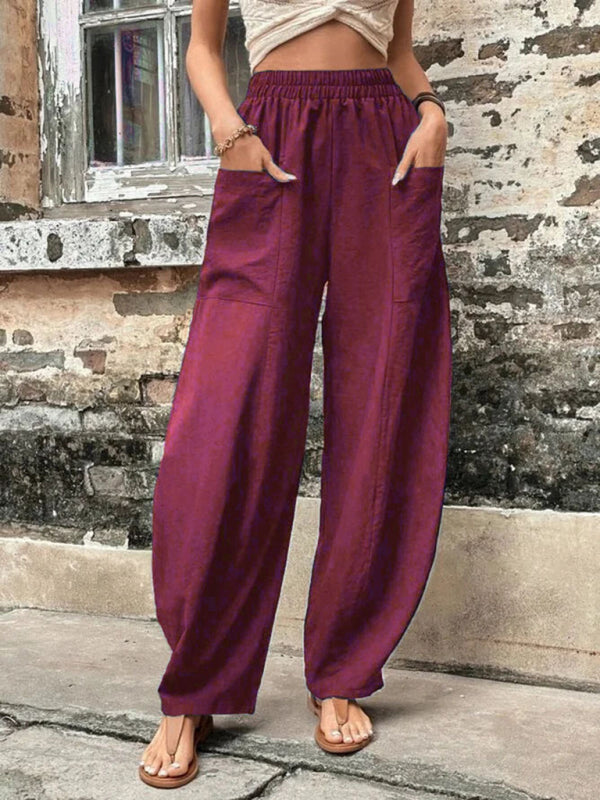 Trousers- Patch Pocket Pants: Elastic High Waistband, Wide Leg Trousers- Wine Red- Pekosa Women Clothing