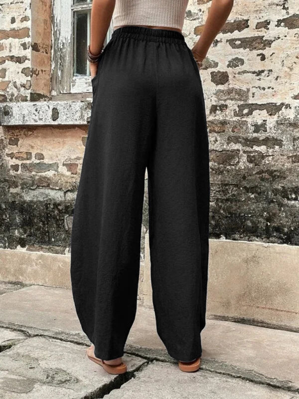 Trousers- Patch Pocket Pants: Elastic High Waistband, Wide Leg Trousers- - Pekosa Women Clothing