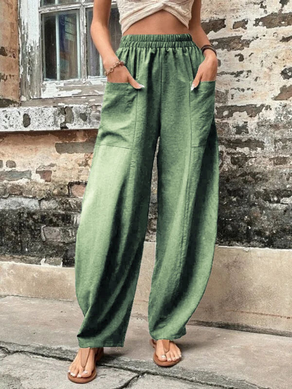 Trousers- Patch Pocket Pants: Elastic High Waistband, Wide Leg Trousers- Green- Pekosa Women Clothing