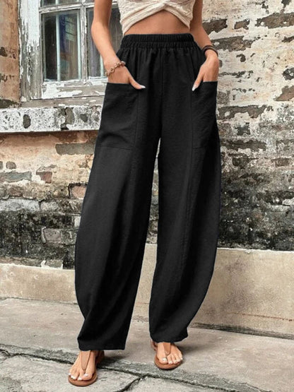 Trousers- Patch Pocket Pants: Elastic High Waistband, Wide Leg Trousers- Black- Pekosa Women Clothing