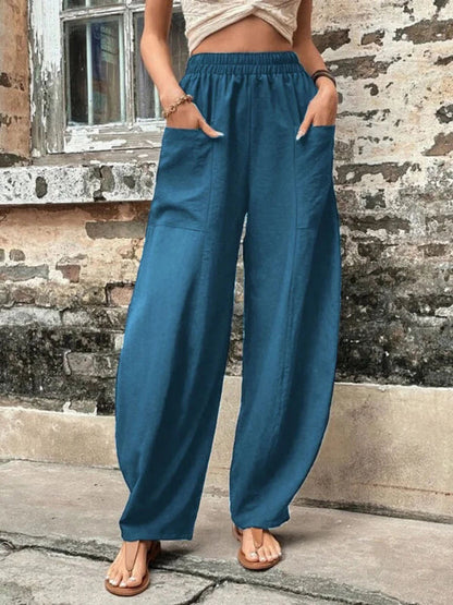 Trousers- Patch Pocket Pants: Elastic High Waistband, Wide Leg Trousers- Peacock blue- Pekosa Women Clothing