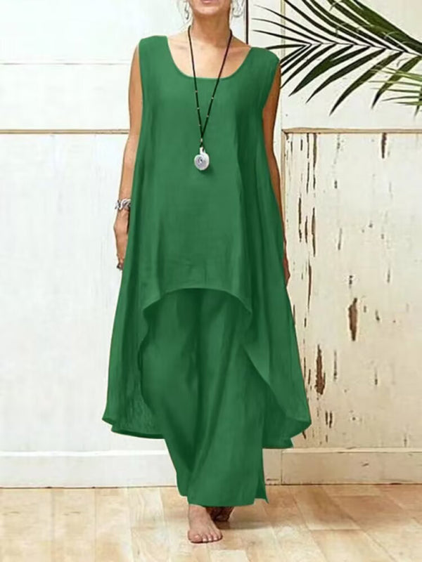 Trousers Set- 2-Piece Solid Sophistication: Sarah's Kaftan Trousers- Green- Pekosa Women Clothing