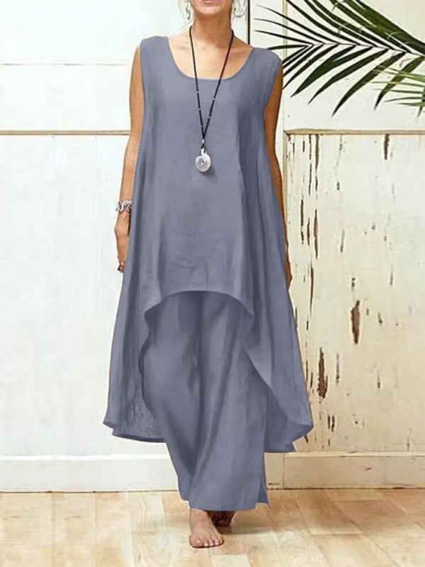 Trousers Set- 2-Piece Solid Sophistication: Sarah's Kaftan Trousers- Grey- Pekosa Women Clothing