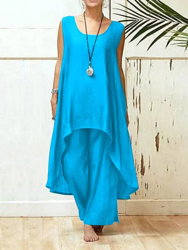 Trousers Set- 2-Piece Solid Sophistication: Sarah's Kaftan Trousers- Sky blue azure- Pekosa Women Clothing